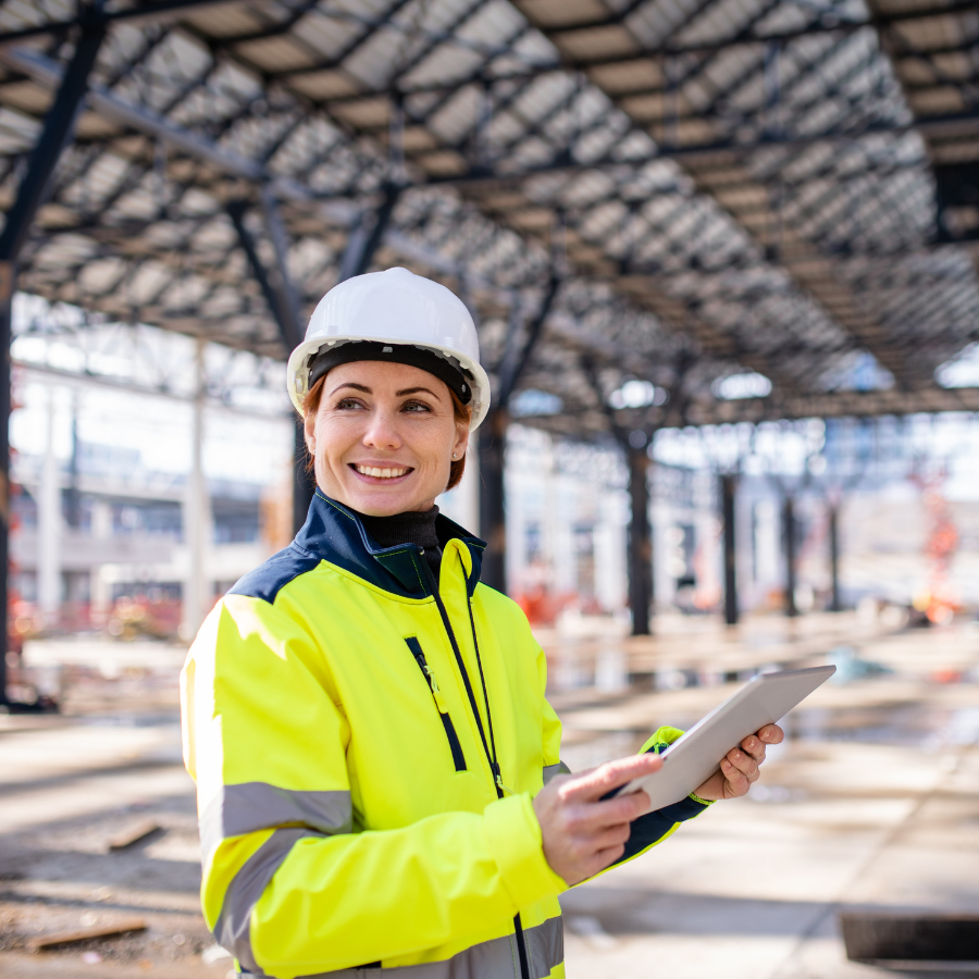 Female construction worker in a white hard hat and yellow safety jacket holding a tablet at a construction site.