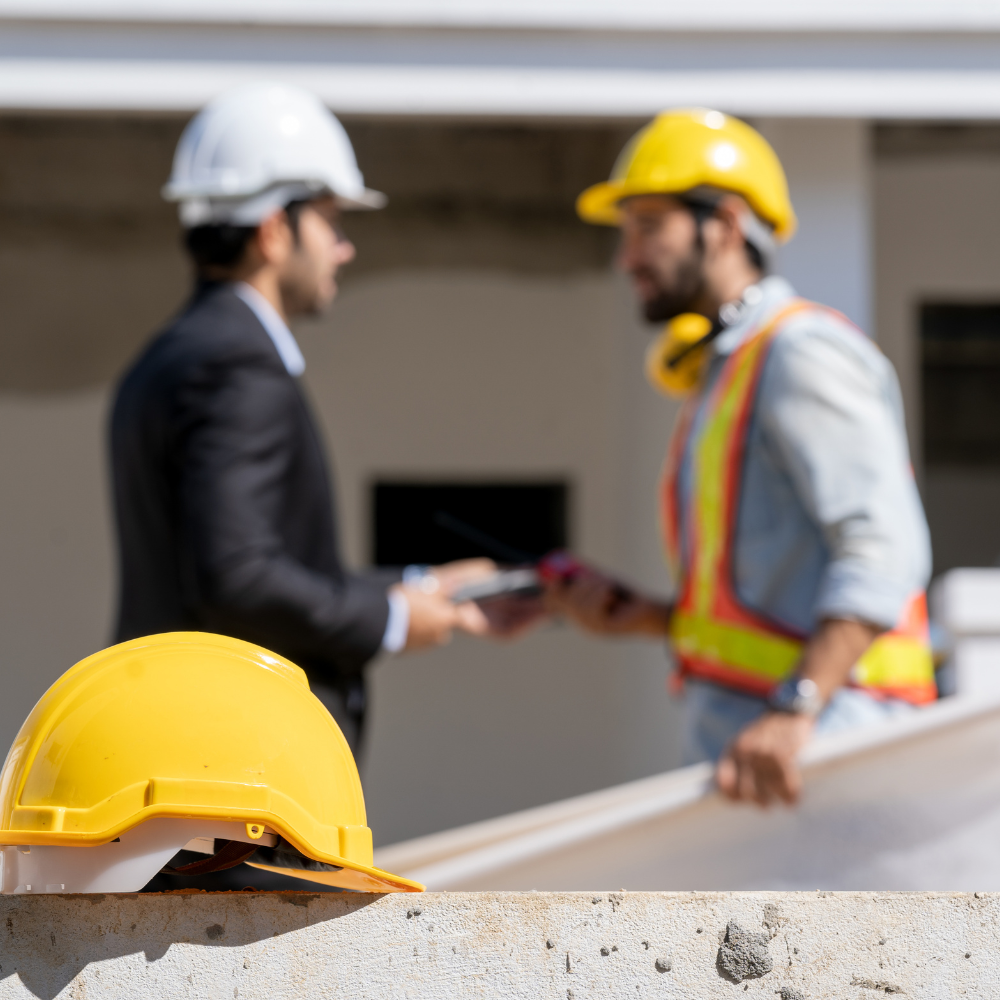 Yellow hard hat resting on a concrete surface with two construction workers wearing helmets and safety vests talking in the background.