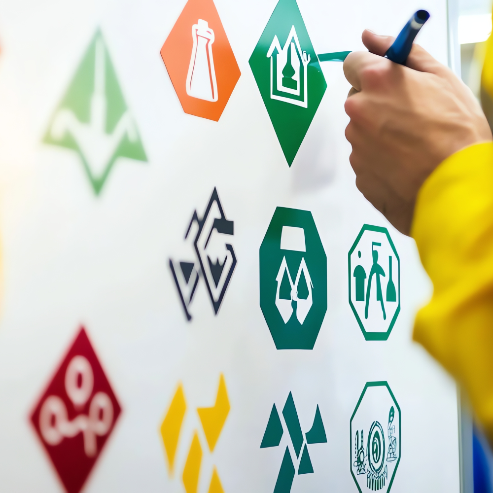 Hand in yellow sleeve holding blue marker near a whiteboard with various colorful safety and hazard symbols.