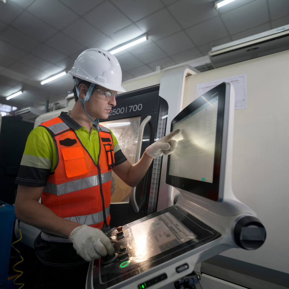 Machine operator wearing a white hard hat, safety glasses, and an orange reflective vest, using a touchscreen control panel in a factory.