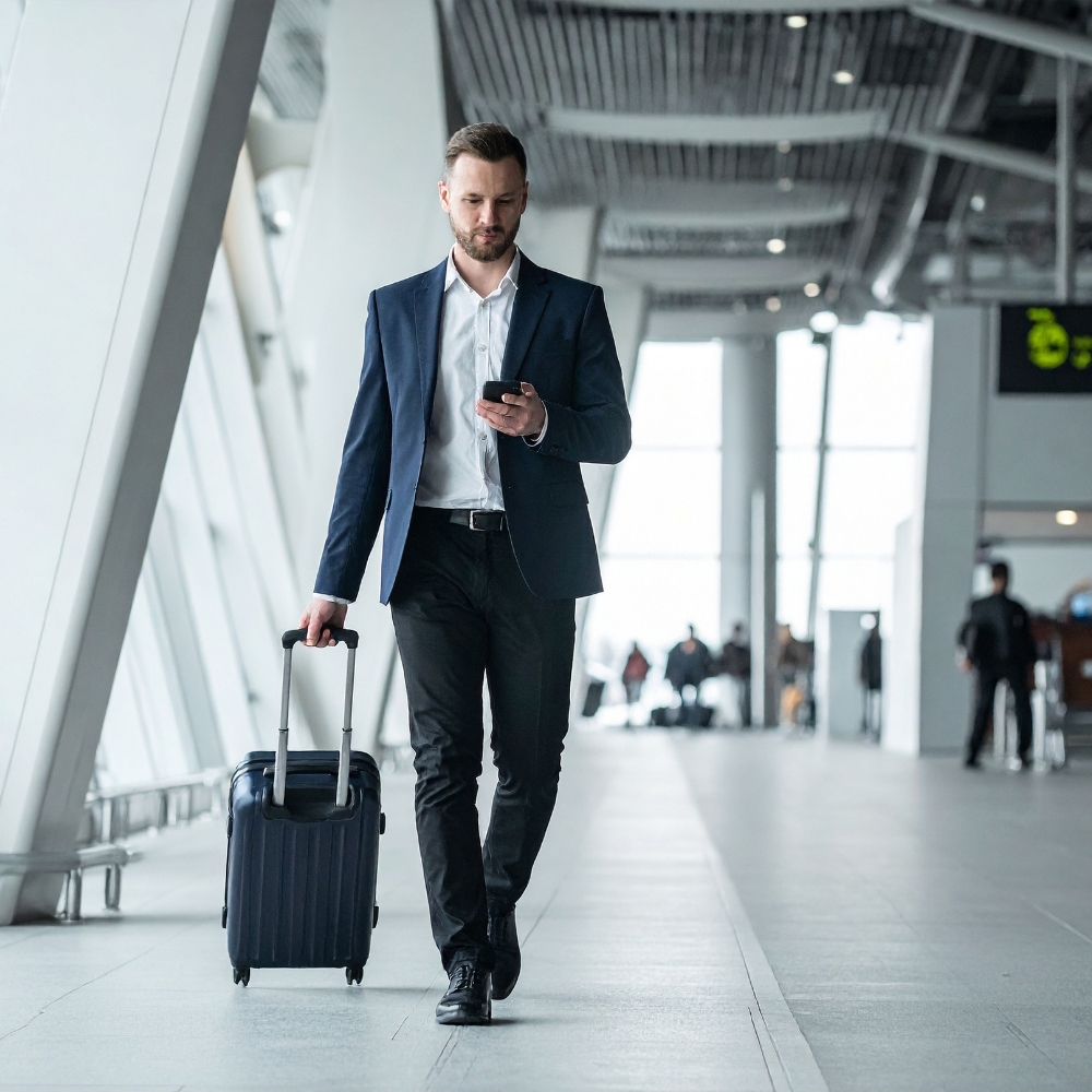 Man in business attire walking through airport terminal while looking at his smartphone and pulling a suitcase.