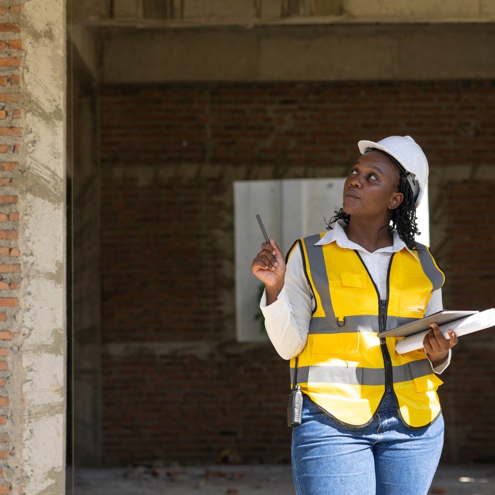Construction worker in a yellow reflective vest and white hard hat holding documents and pointing inside a building.