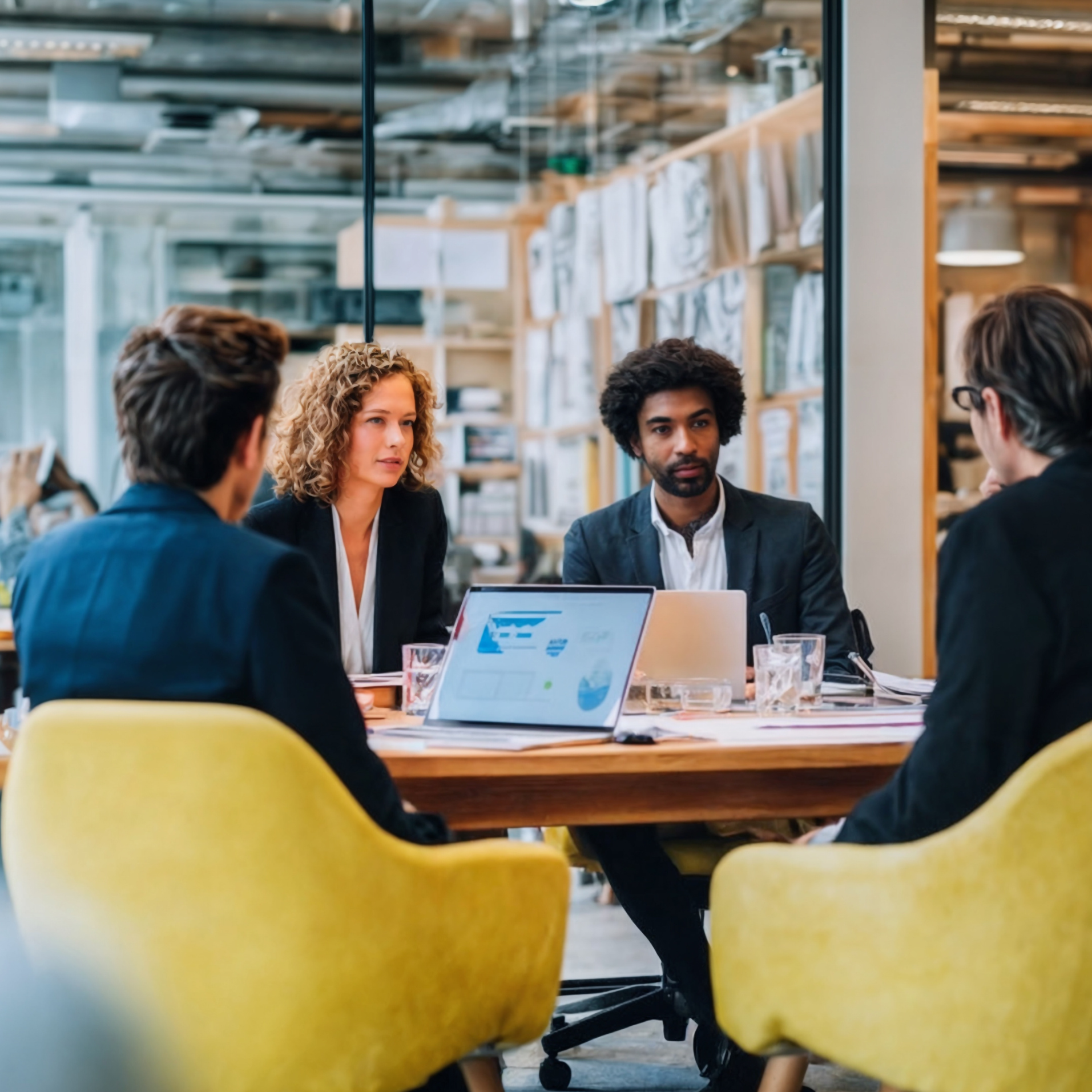 Four professionals seated around a wooden table in a modern office discussing work with laptops and documents.