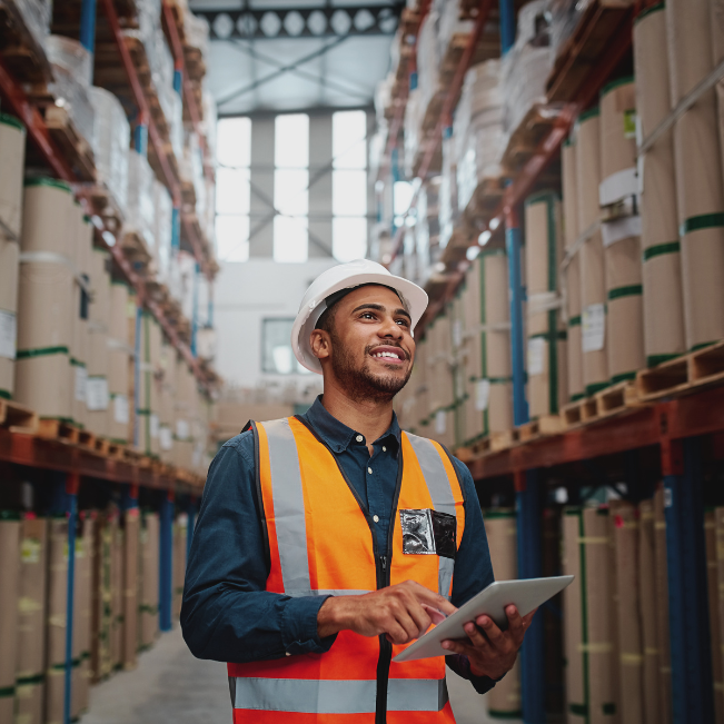 Safety supervisor in a hard hat and hi-vis vest checking a tablet in a warehouse