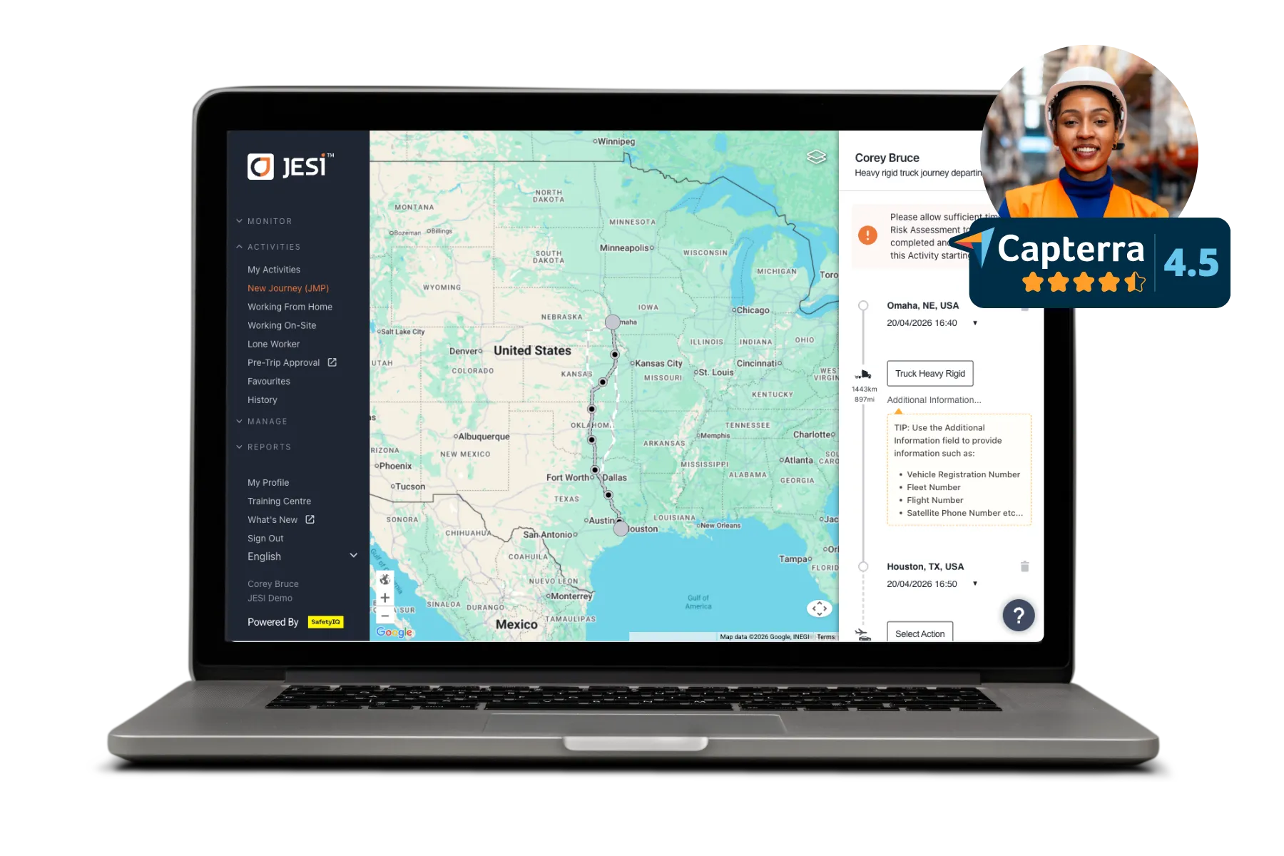 JESI journey management map tracking a heavy rigid truck journey from Omaha to Houston