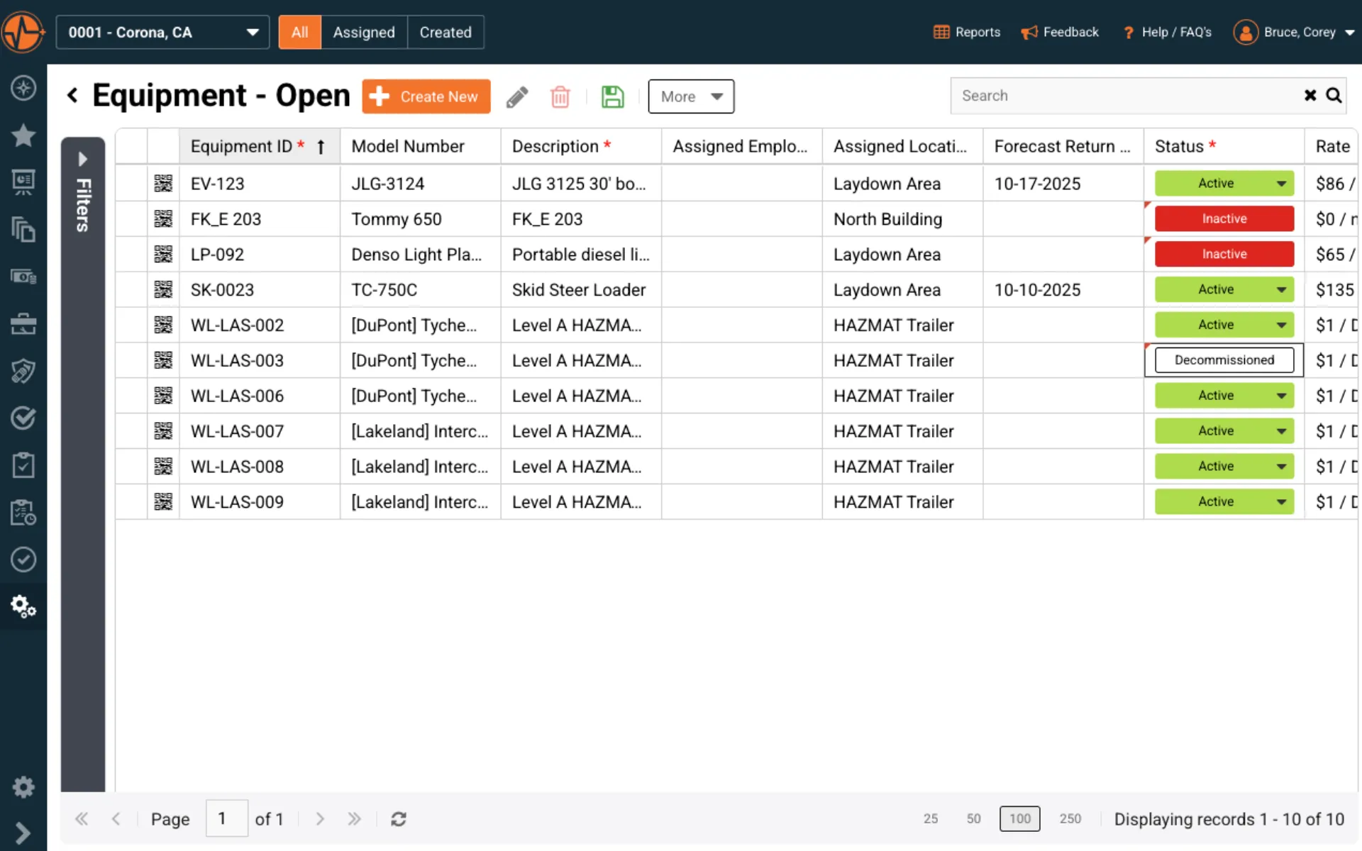 SafetyIQ asset register listing equipment with IDs, locations and active status