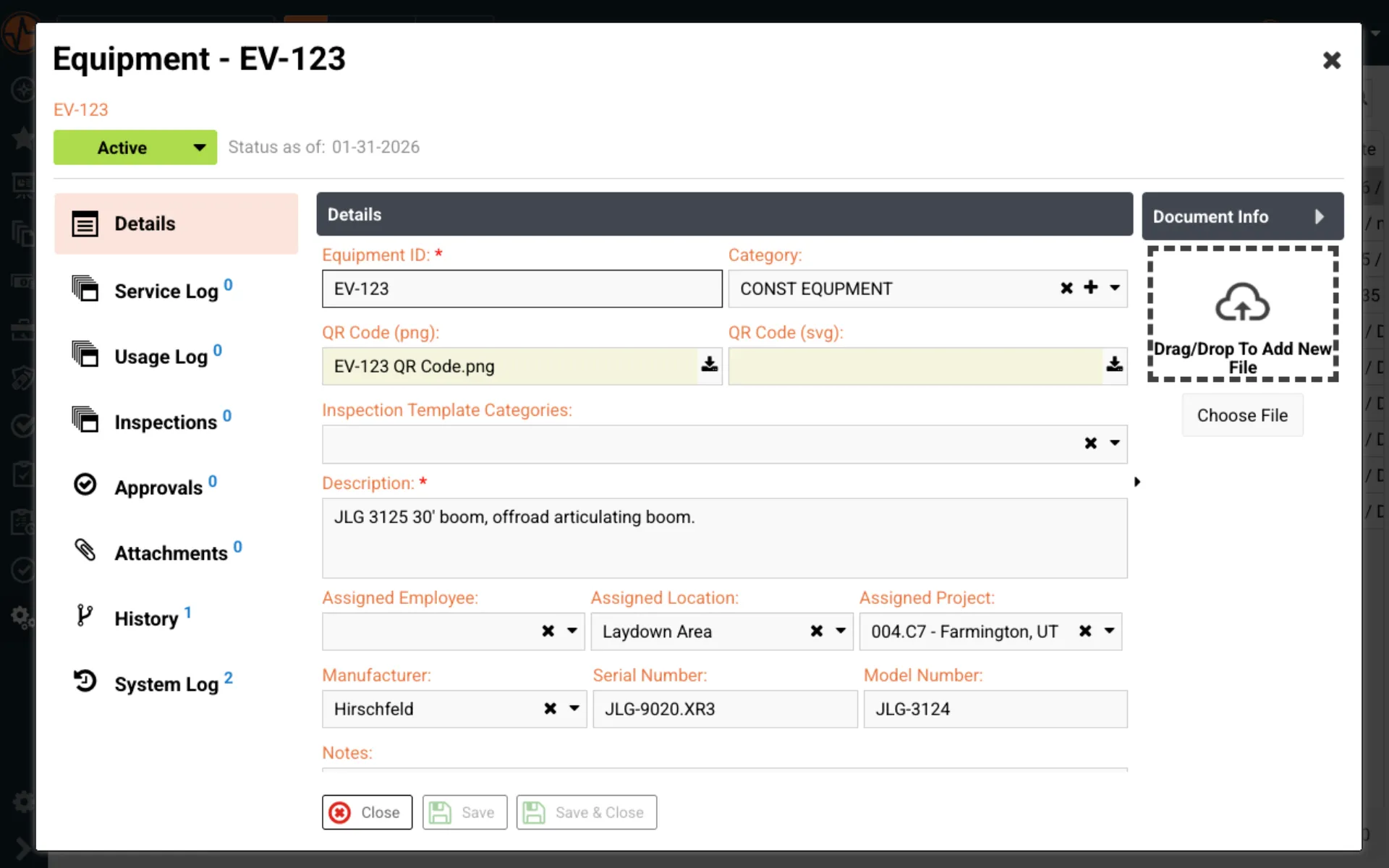 SafetyIQ equipment profile for a JLG boom lift showing manufacturer, serial number, assigned location, QR code and logs