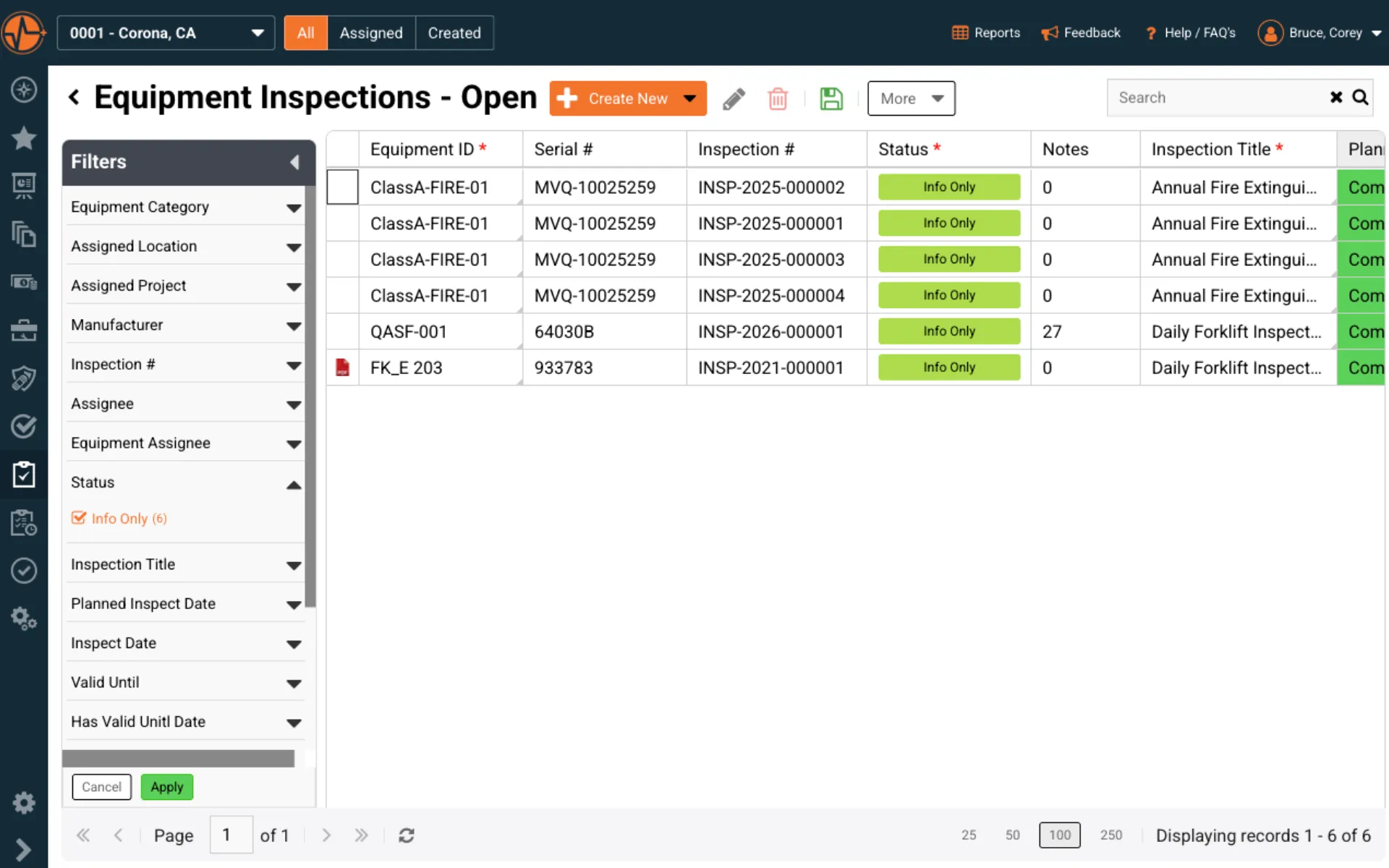 SafetyIQ equipment inspection record with planned, completed and valid-until dates