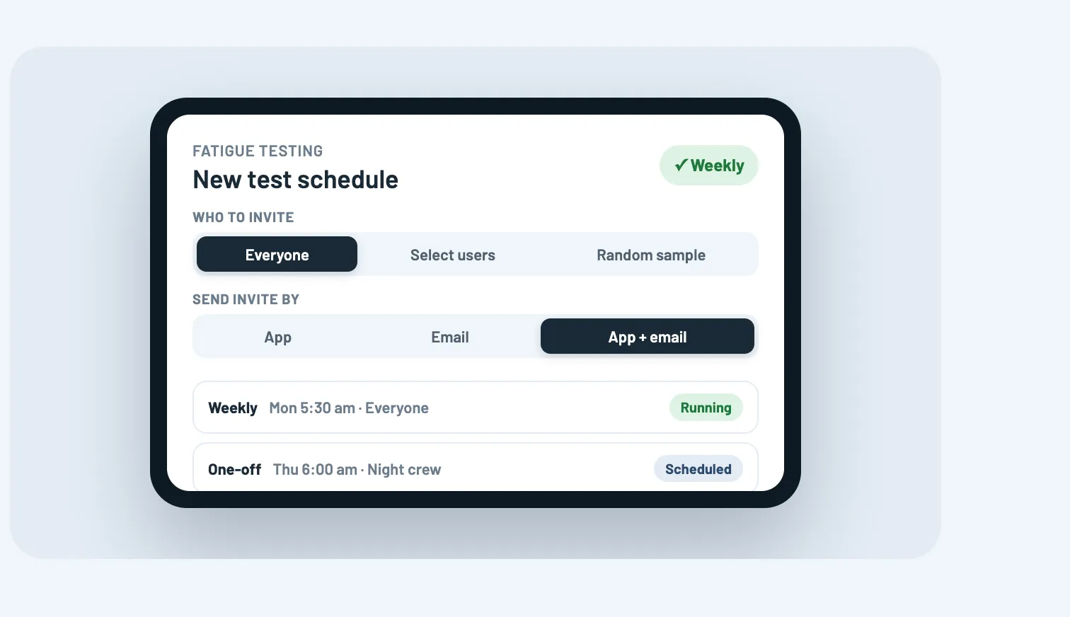 SafetyIQ fatigue testing screen for creating a new weekly test schedule and choosing who to invite