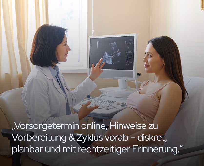 Gynäkologie: Neutrale Ultraschall-Beratung; Patientin sitzt, Ärztin erklärt Befunde am Bildschirm; keine intimen Details sichtbar.