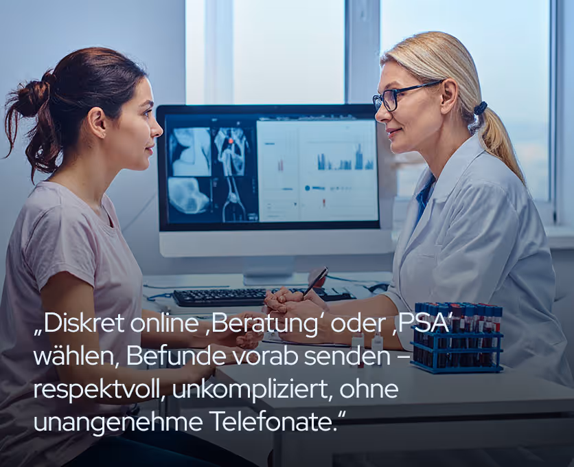Urologie: Diskrete Sprechstunde; Ärzt:in und Patient:in im Gespräch; Röhrchen/Blutabnahme-Set (PSA) auf dem Tisch.