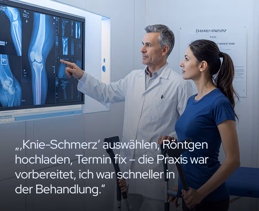 Orthopädie: Untersuchung von Knie/Schulter; Ärzt:in misst Beweglichkeit mit Goniometer; Röntgenbild am Monitor unscharf.