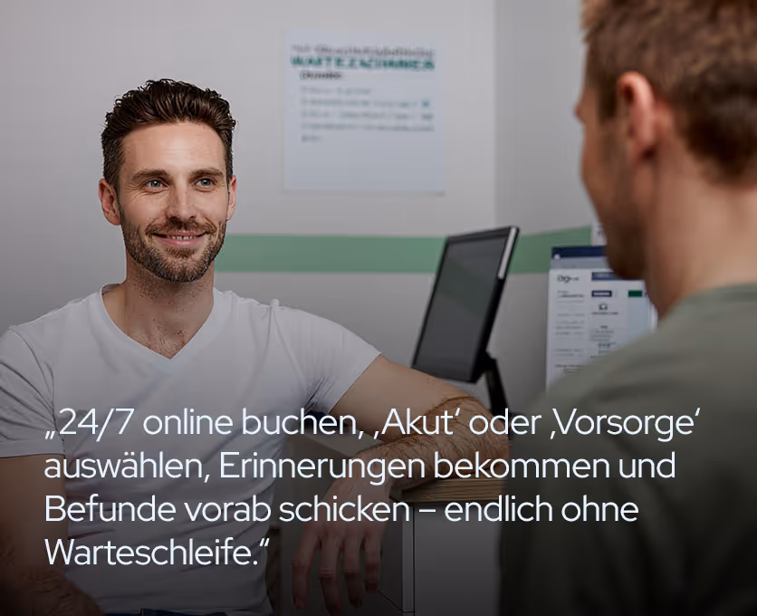 Allgemeinmedizin (Hausärzt:innen): Patient:in in österreichischer Ordination im Gespräch; Blutdruckmanschette und Stethoskop im Hintergrund.