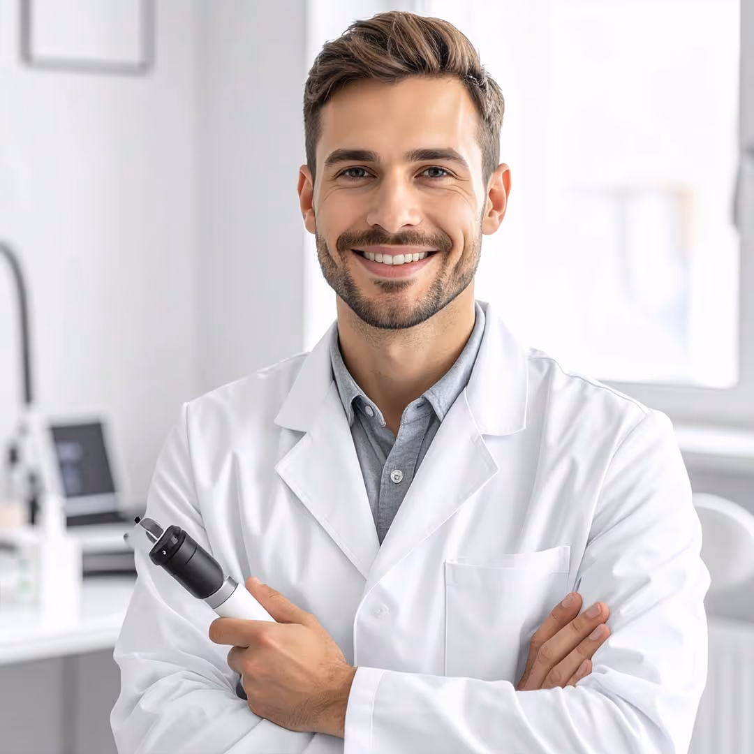 Dermatologe hält ein Gerät in der Hand, mit der er seine Kunden untersucht.