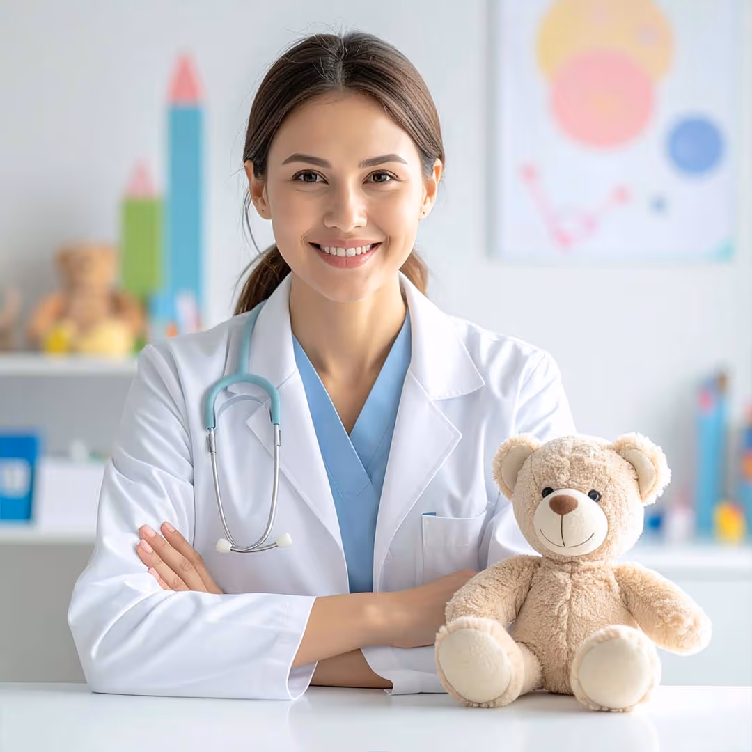 Kinderärztin lächelt mit einem Teddybär in die Kamera.