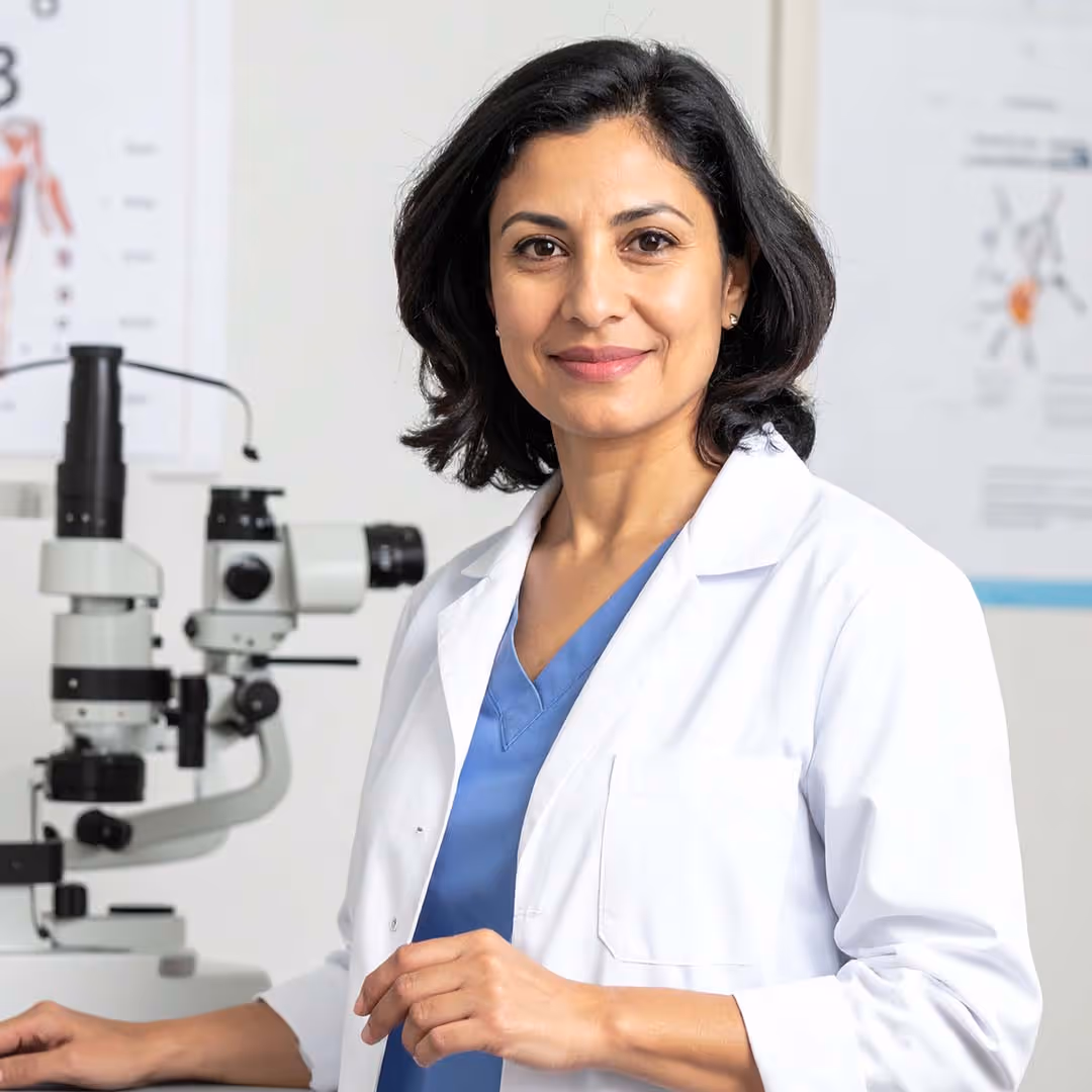 Augenärztin steht in ihrer Paxis und lächelt in die Kamera