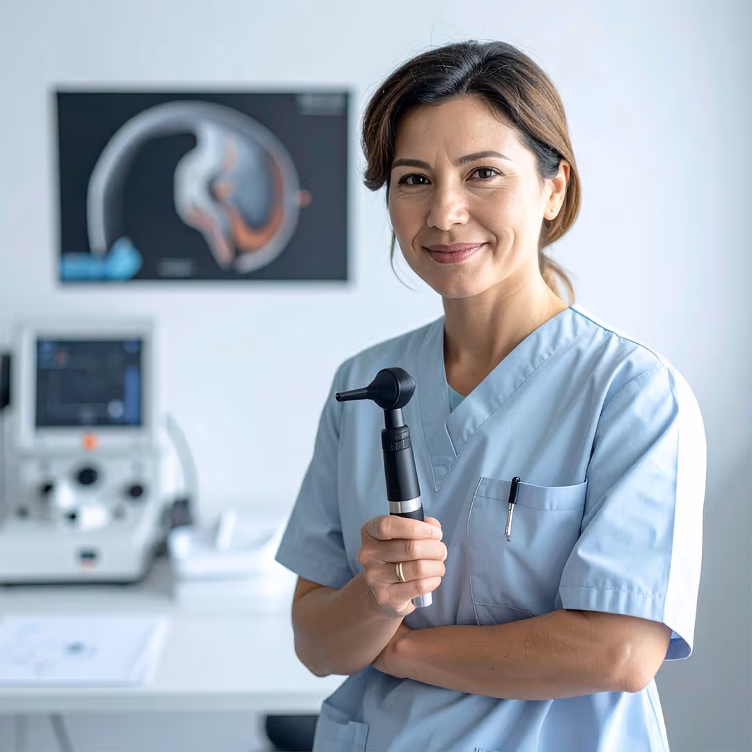 HNO-Ärztin sitzt mit einer Lupe und schaut freundlich in die Kamera.