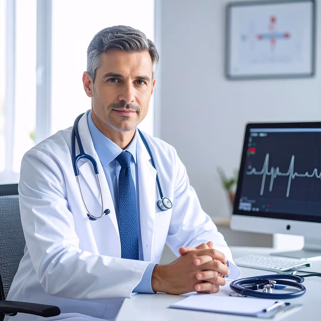 Arzt für innere Medizin sitzt am Schreibtisch und lächelt in die Kamera. 