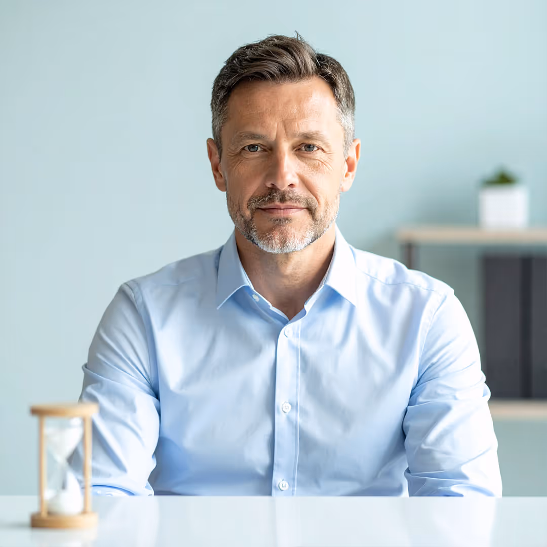 Psychologischer Coach (m, 55) sitzend mit Stundenglas; modernes Büro im Hintergrund, ruhige Autorität.