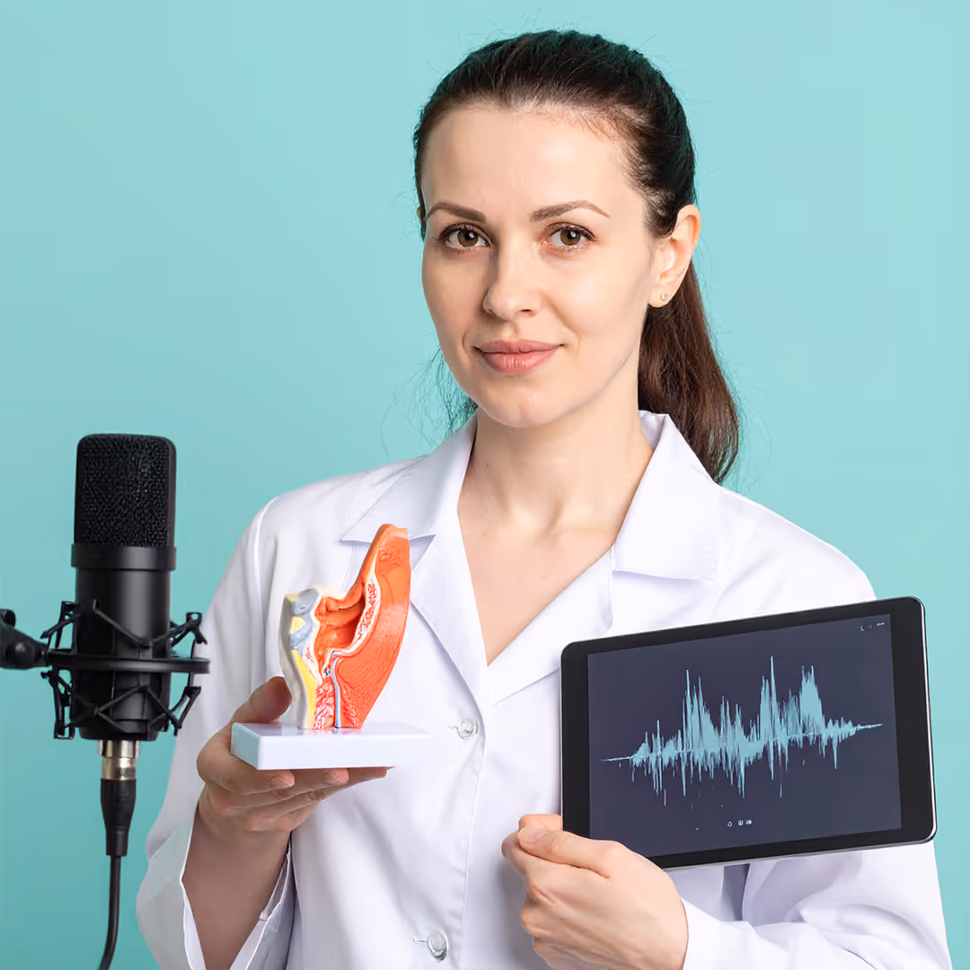 Logopädin (32) mit Kehlkopfmodell, Mikrofon und Tablet mit Wellenform; ruhiges Praxis-Porträt.