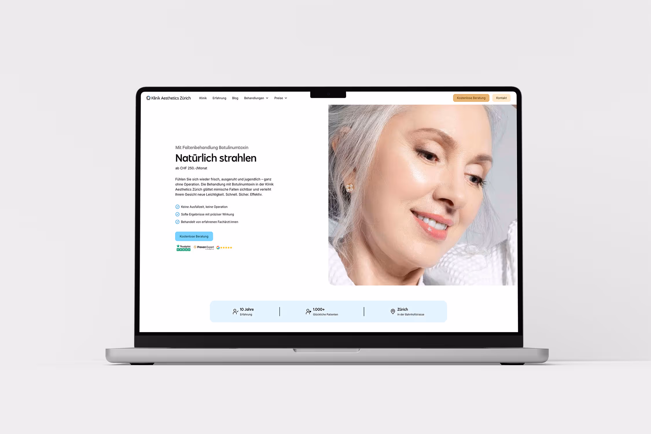 Laptop-Mockup mit der Website der Klinik „Zurich Aesthetics“.