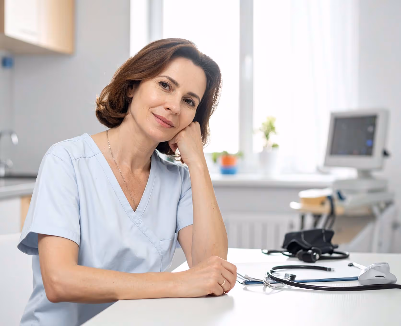 Hausärztin schaut entspannt in die Kamera und freut sich, dass alles so reibungslos abläuft.