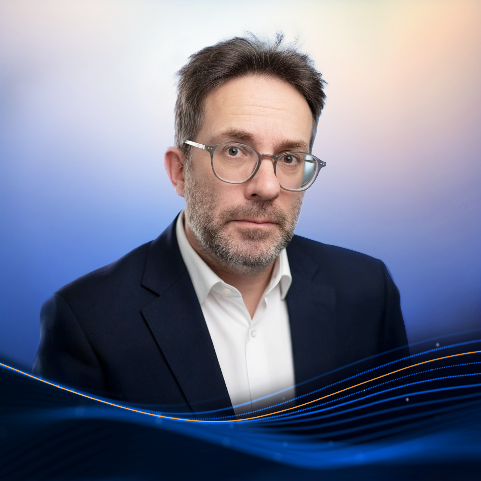 Middle-aged man with glasses, short dark hair, and beard wearing a dark suit and white shirt on a blue-gradient background.