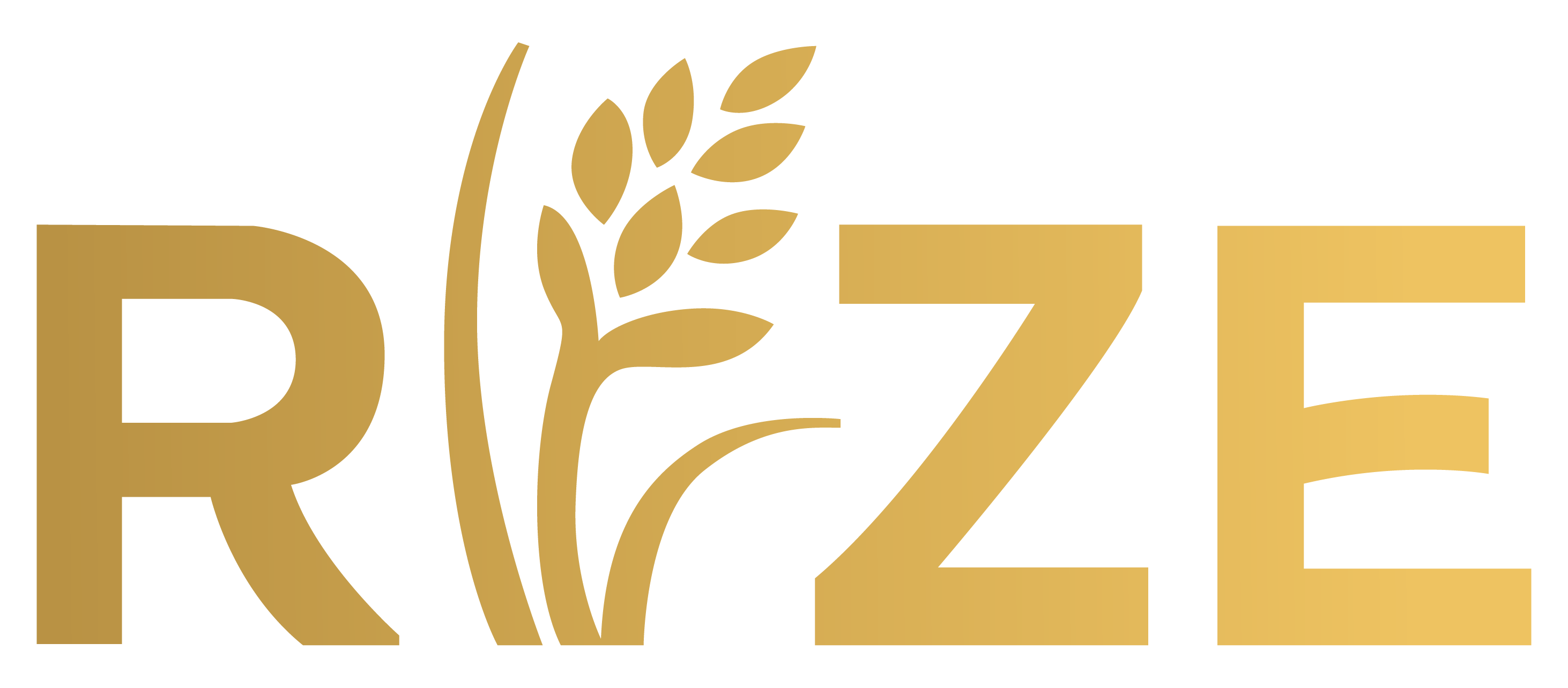 RIZE wordmark logo with stylized wheat stalk in place of the letter I in gold gradient.