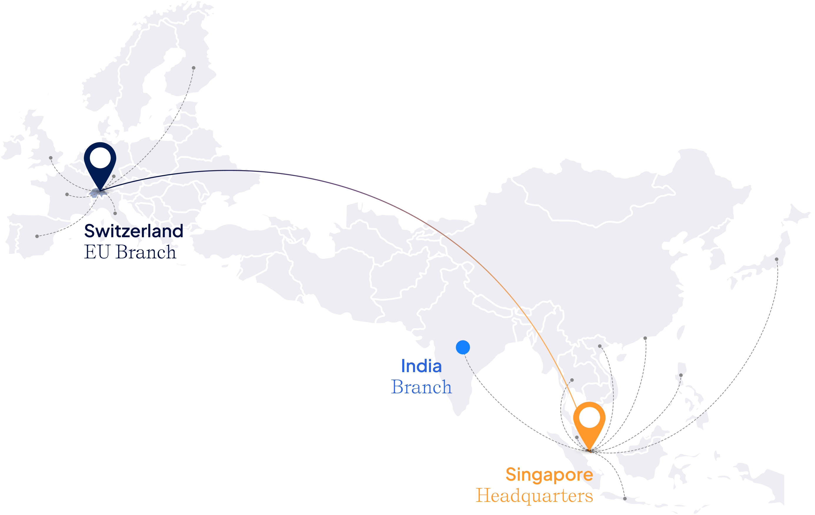 Map showing company locations: Singapore headquarters, Switzerland EU branch, and India branch.
