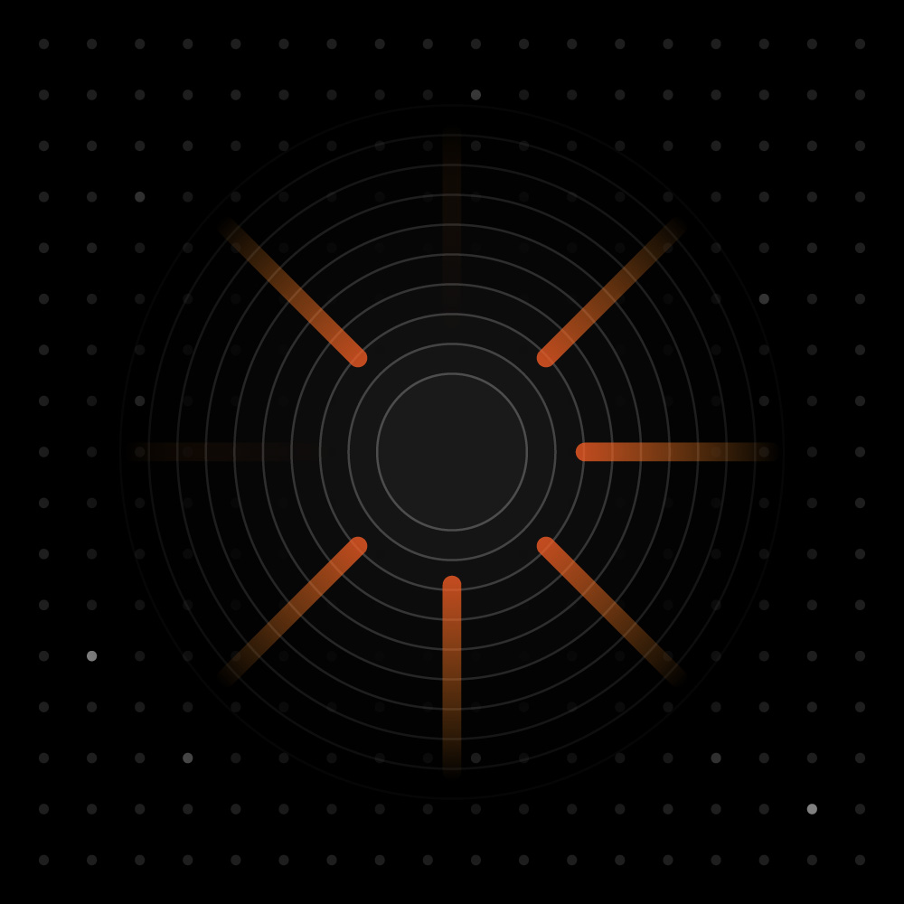 Abstract dark background with a central circle and six glowing orange lines radiating outward, surrounded by a grid of small gray dots.
