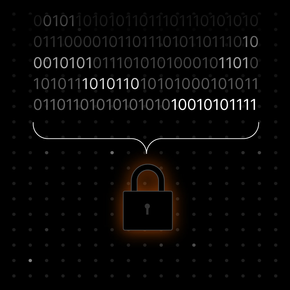 Glowing padlock icon below highlighted binary code lines on a dark dotted background representing data encryption and security.