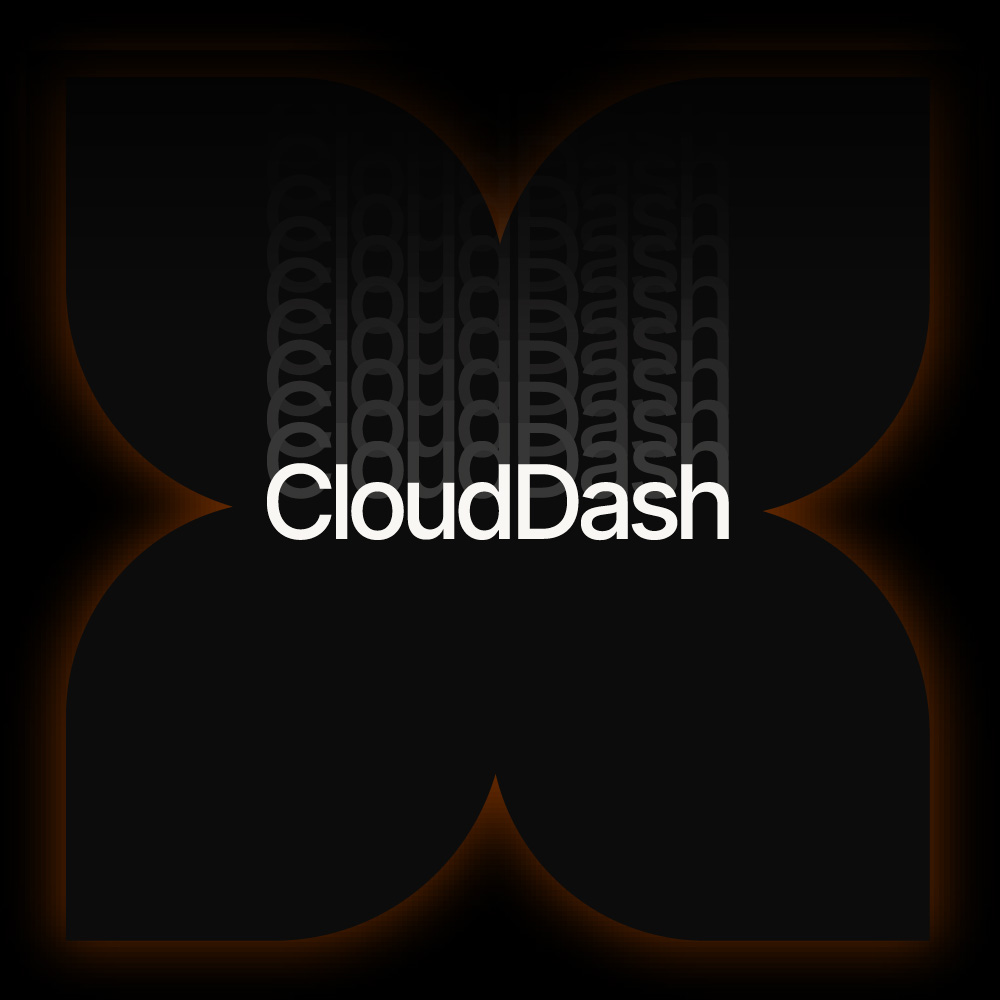 Black abstract logo with rounded petal shapes and the word 'CloudDash' in white at the center.
