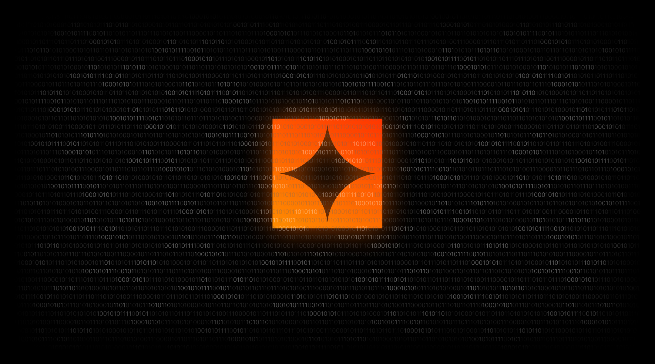 Glowing orange square with a black diamond shape in the center over a background of faint binary code.