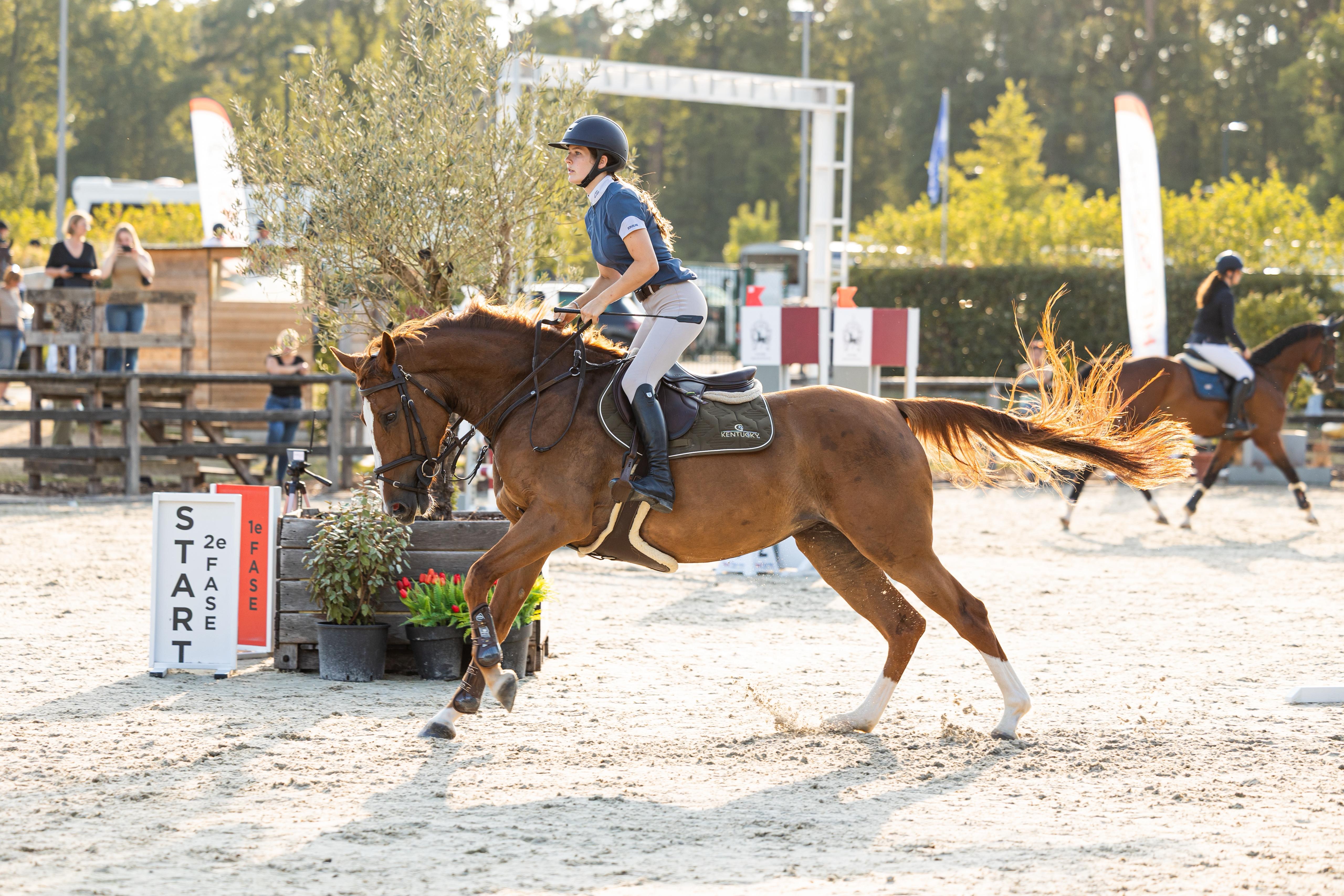 Review van topsport jumping ruiter Tess, die dankzij de flexibele begeleiding van STRIVE by INZICHT haar paardensport perfect kan combineren met het behalen van haar diploma Examencommissie.