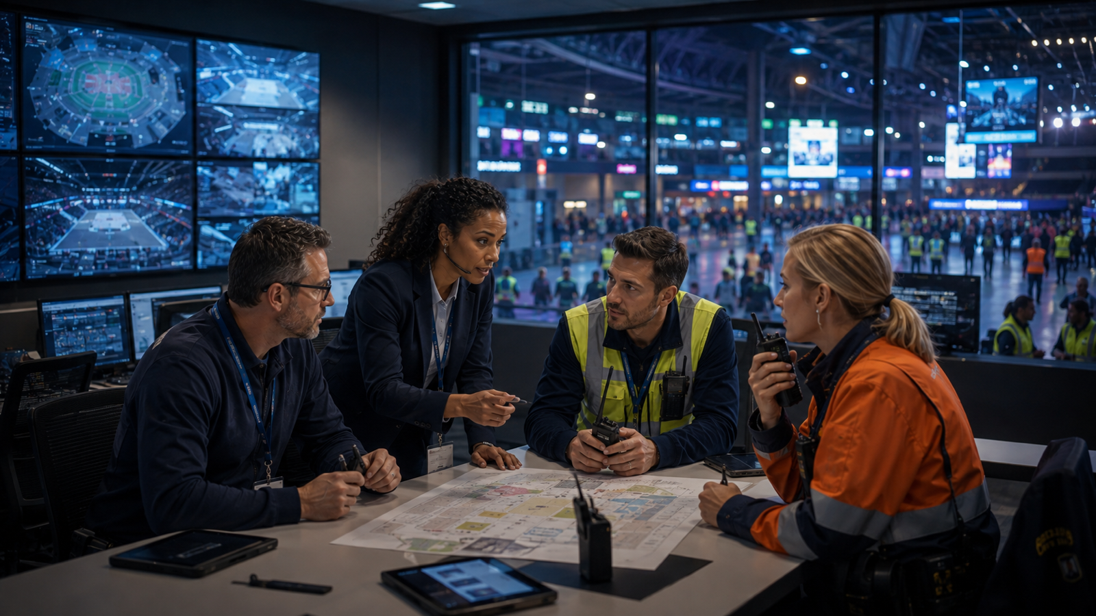 Venue operations staff coordinating around a plan in a stadium control room
