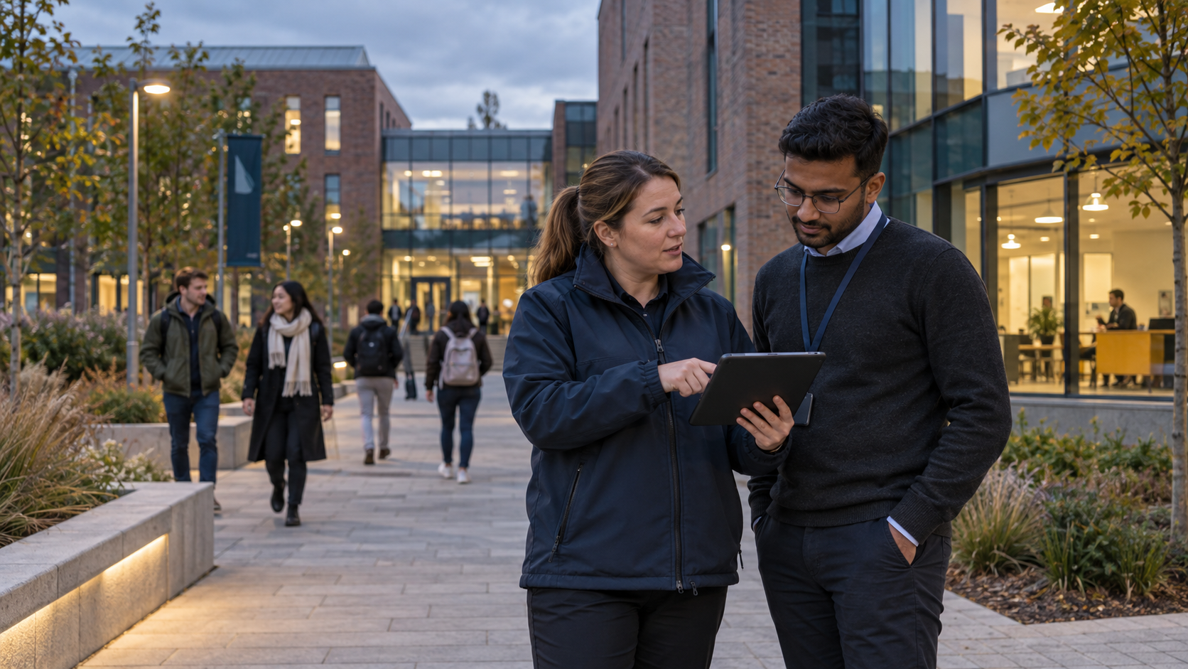 University operations colleagues reviewing a tablet on a campus at dusk