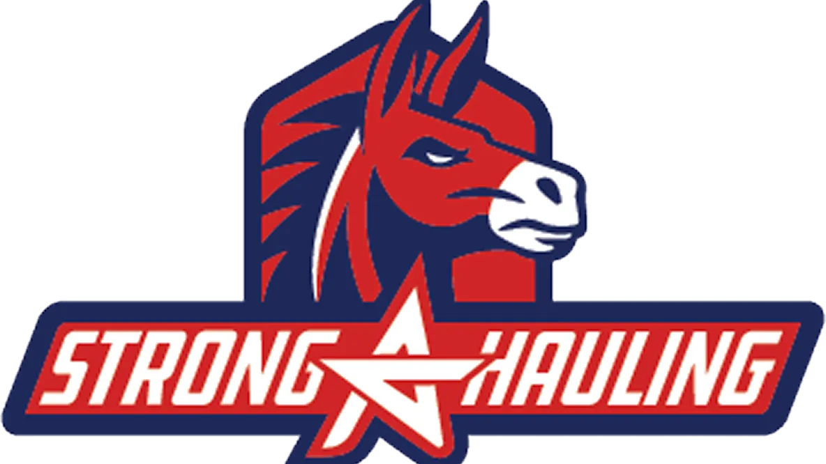 Logo featuring a stylized red horse head above the words Strong Hauling with a large star forming the letter A.