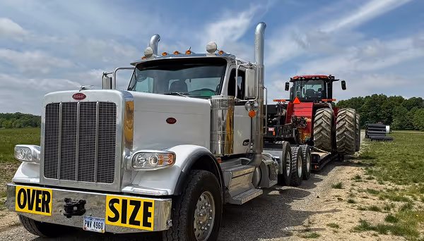 Silver heavy-duty truck hauling a large red tractor on a trailer with an 'OVER SIZE' sign on the front, parked on a gravel path by a grassy field under a partly cloudy sky.
