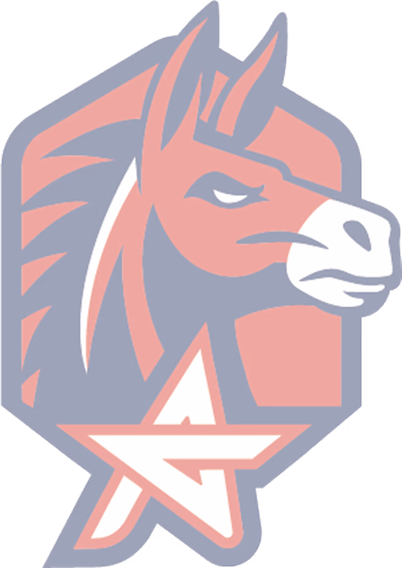 Red and navy stylized horse head with a white star incorporated at the bottom.