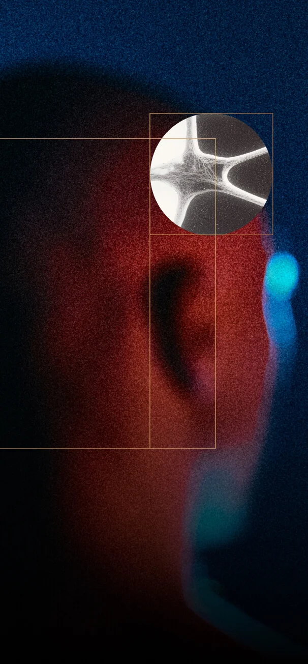 Side view of a person's head with an inset circle showing a detailed neural network illustration.
