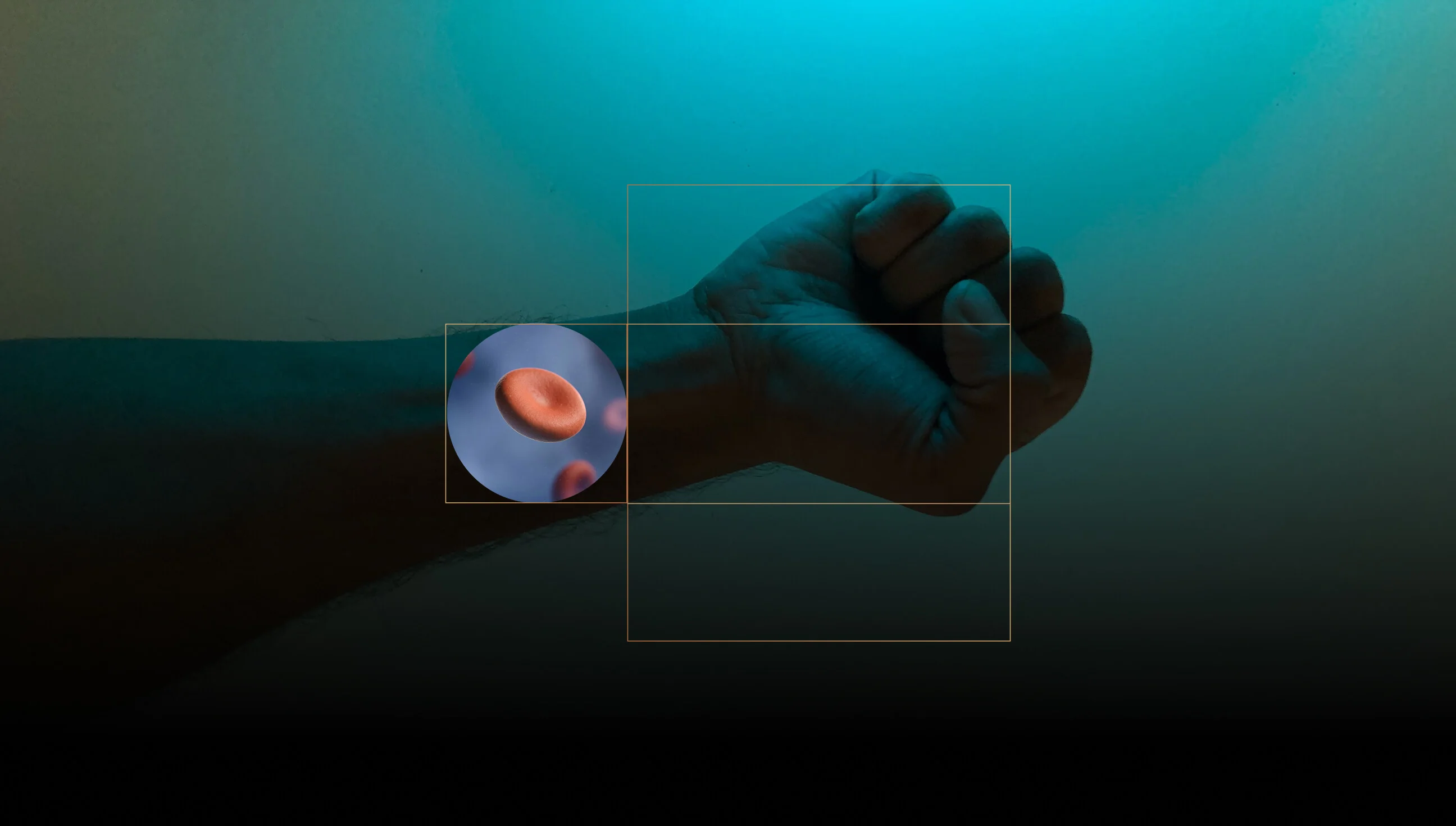 Curled fist against a turquoise background with an inset showing a close-up of a red blood cell.