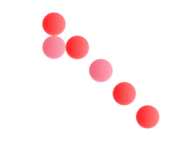 Three red and three pink fuzzy spheres arranged diagonally on a black background.