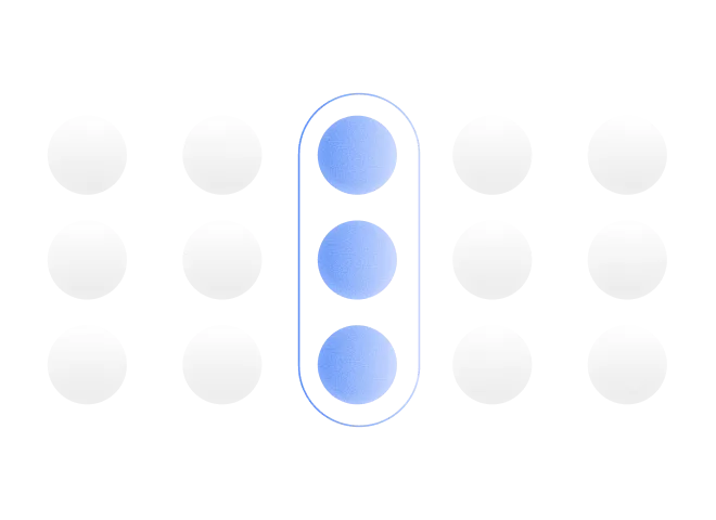 Three vertical blue dots circled, centered among three rows of white square icons on black background.