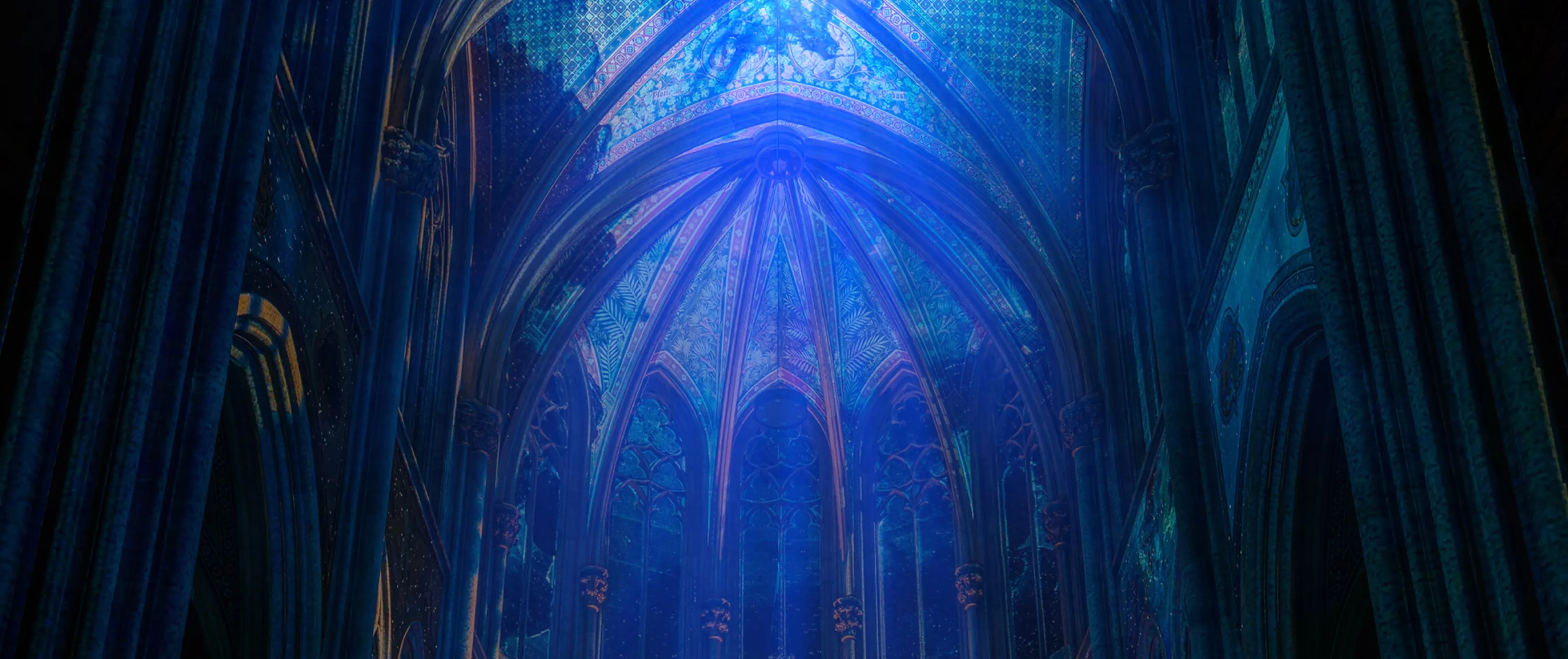 Blue light projection illuminating the vaulted ceiling and arches of a Gothic cathedral, creating a serene, celestial atmosphere.