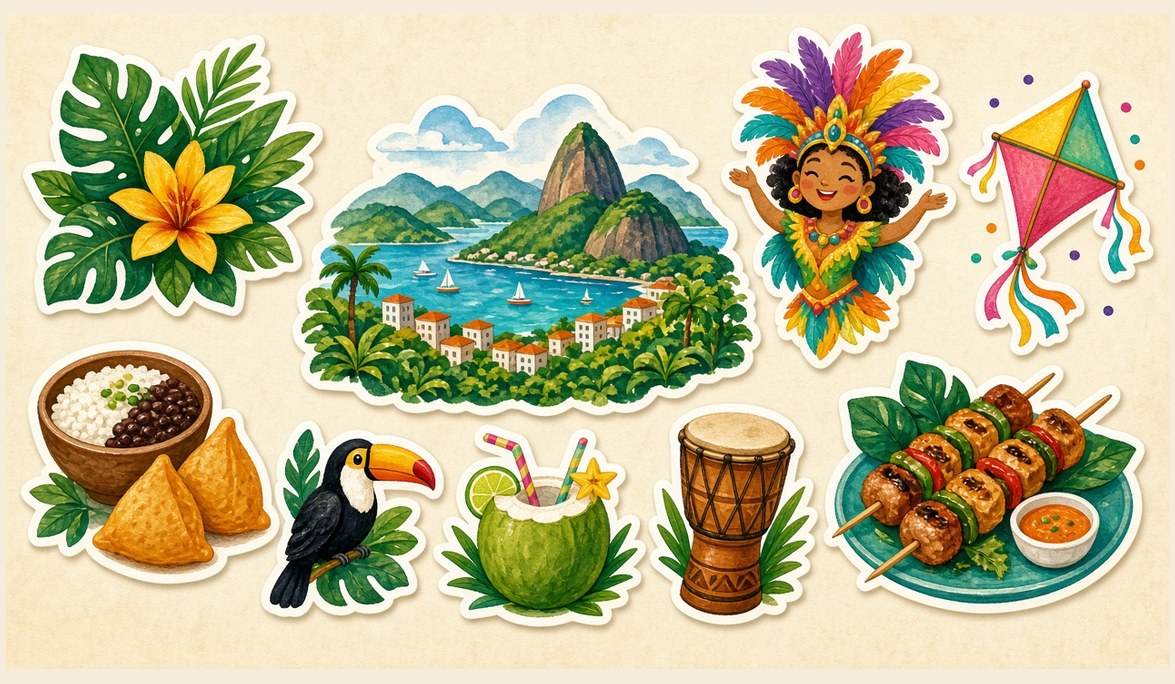 World Explorer Brazil world: watercolour Sugarloaf Mountain bay, toucan, carnival dancer, drum and street food