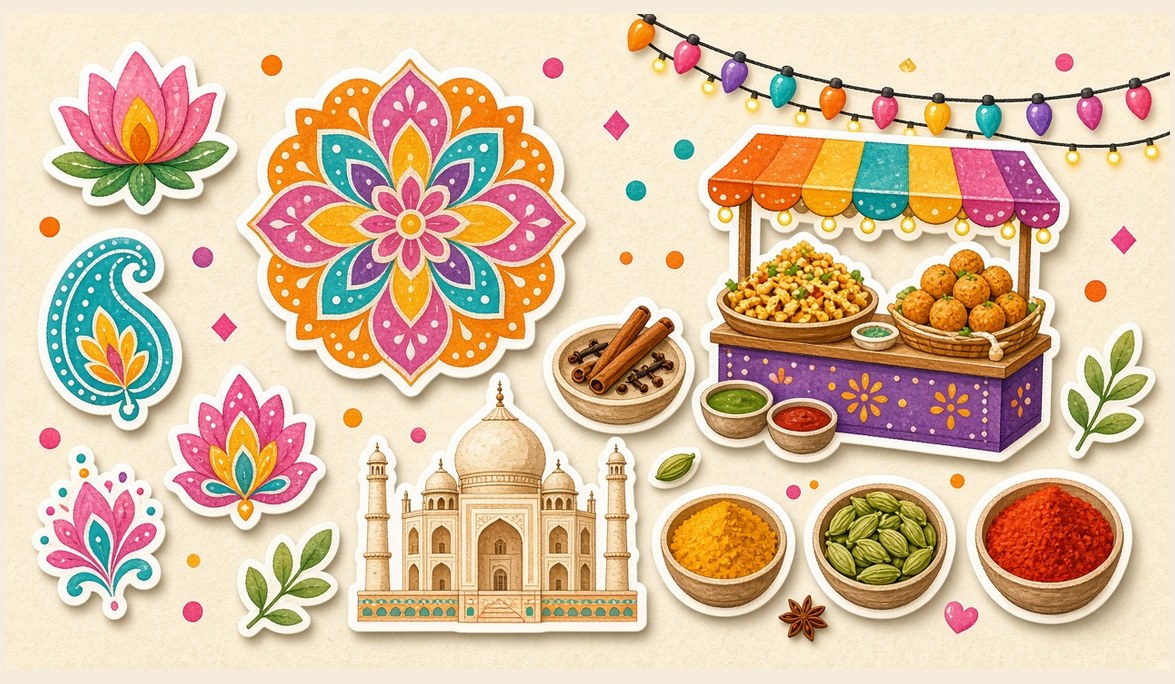 World Explorer India world: watercolour Taj Mahal, rangoli pattern, lotus flowers, spices and a festive street stall