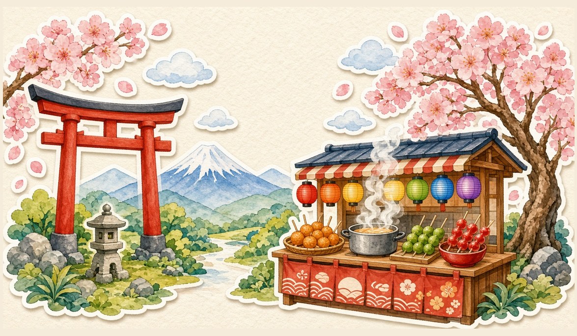 World Explorer Japan world: watercolour torii gate, cherry blossom, Mount Fuji and a lantern-lit food stall