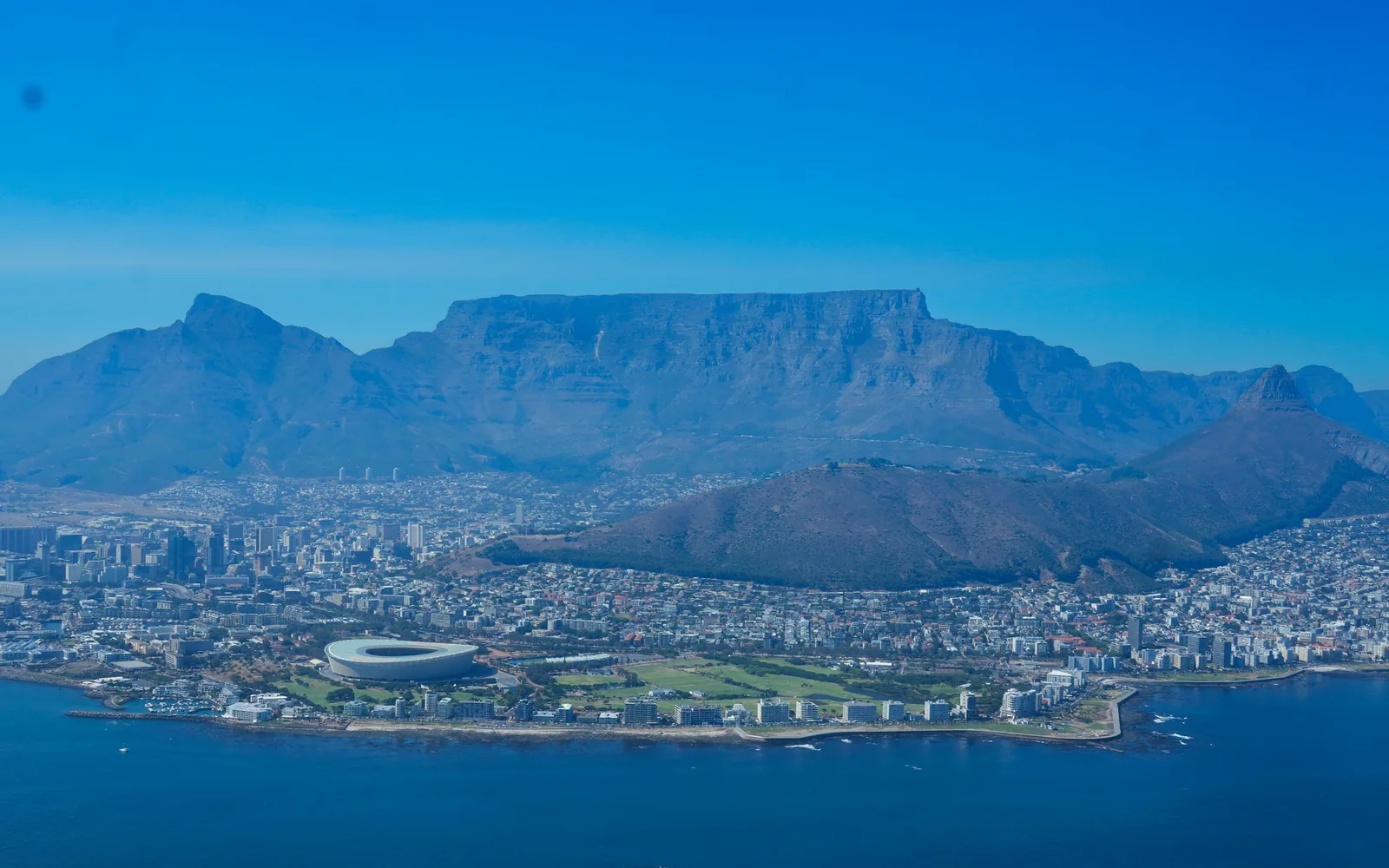 Table Mountain rising above Cape Town and the bay