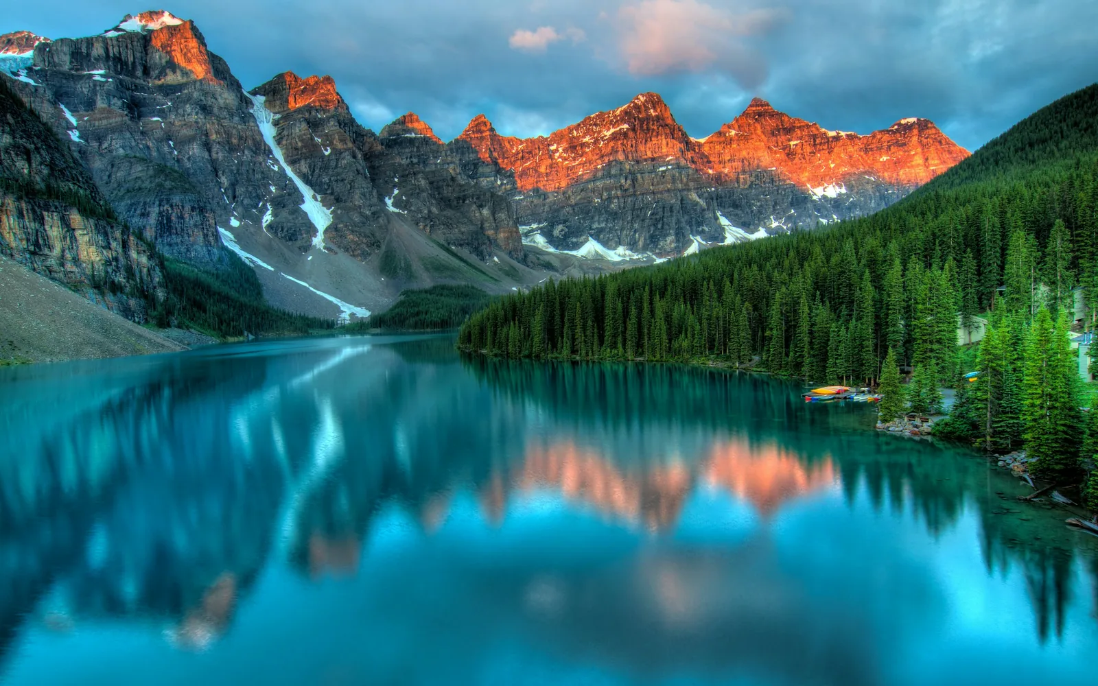 Moraine Lake and the peaks of the Canadian Rockies at golden hour