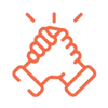 Orange icon of two hands clasped together in a handshake.